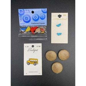 Lot Of Bird and Loose Brown Faux Leather Buttons and One School Bus Patch